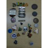 SMALL COLLECTION OF ENAMELLED BADGES, various, and FOUR OLD COINS