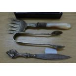 A SILVER BOOK-MARK AND TWO PIECES OF ELECTROPLATED CUTLERY (3)