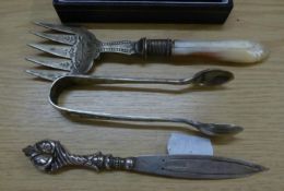 A SILVER BOOK-MARK AND TWO PIECES OF ELECTROPLATED CUTLERY (3)