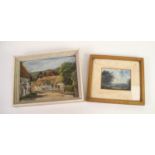 MID NINETEENTH CENTURY GOUACHE LANDSCAPE IN MINIATURE, with figures and trees in foreground,
