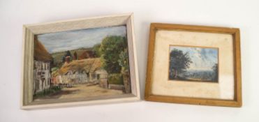 MID NINETEENTH CENTURY GOUACHE LANDSCAPE IN MINIATURE, with figures and trees in foreground,