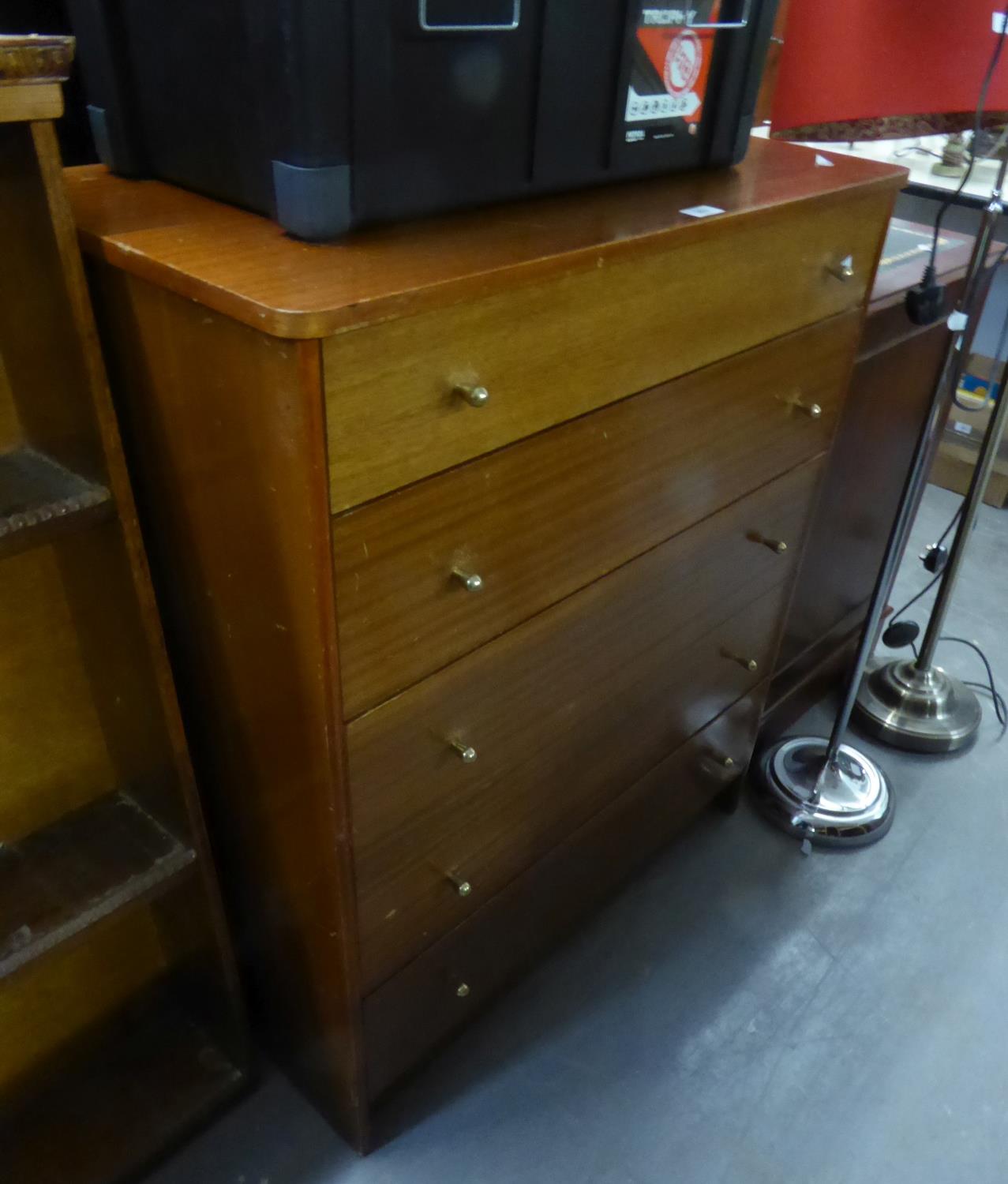 1960?S TEAK CHEST OF FIVE DRAWERS, WITH BRASS BALL HANDLES