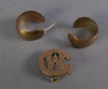 PAIR OF GOLD COLOURED METAL BROAD HOOP EARRINGS and a gold plated monogram BROOCH W.G. (pin missing)