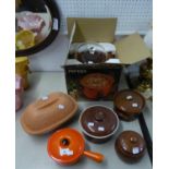 PIFCO SLOW COOKER (BOXED), THREE BROWN-WARE COOKING POTS, LE CREUSET STYLE PAN AND A WEST GERMANY