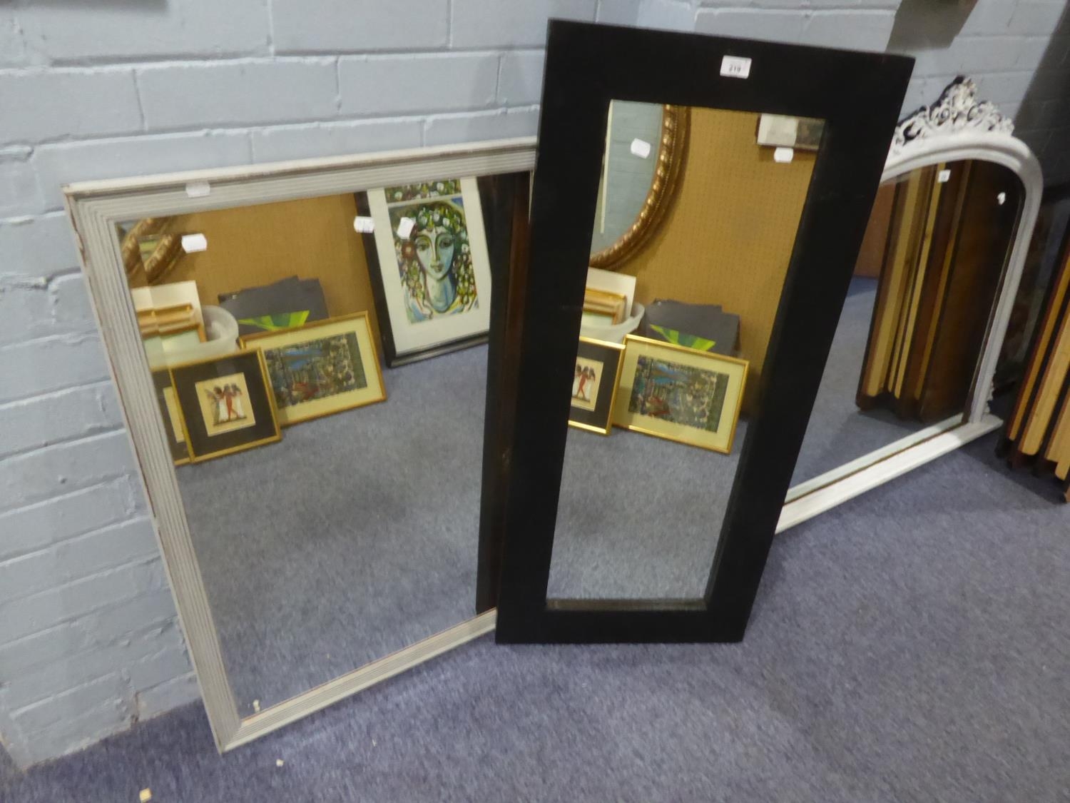 TWO PAINTED OBLONG WALL MIRRORS, one modern in heavy black frame, 43? x 19 ¾?, the other bevel edged - Image 2 of 2