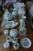 ITEMS OF AYNSLEY TO INCLUDE; A JARDINIERE VARIOUS SIZED VASES, A LARGE FLORAL POSY ORNAMENT, THREE