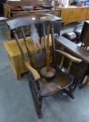 NINETEENTH CENTURY ELM AND BEECH ROCKING CHAIR and an ART DECO OAK ASHTRAY ON STAND, (2)