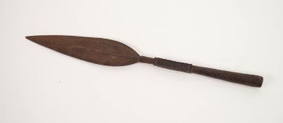 AGED CAST METAL SPEARHEAD, with oblong crosshatched panels to the socket, 12 ¾? (32.3cm) long