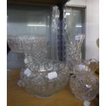 MIXED LOT OF GLASS; GOOD CUT GLASS PEDESTAL DISH, STYLISH, SLENDER SPECIMEN VASE, TWO VASES, SUGAR