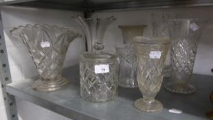 FOUR CUT GLASS VASES VARIOUS, THE LARGEST 10" (25.5cm) HIGH, CUT GLASS BISCUIT BARREL AND COVER,