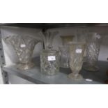 FOUR CUT GLASS VASES VARIOUS, THE LARGEST 10" (25.5cm) HIGH, CUT GLASS BISCUIT BARREL AND COVER,