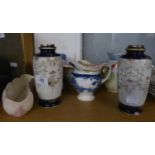 PAIR OF NORITAKE PORCELAIN SMALL VASES WITH HALLMARKED SILVER RIMS, WEDGWOOD BLUE DIPPED