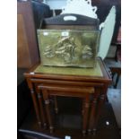 A PERIODICAL RACK WITH BRASS FRONT EMBOSSED WITH A GALLEON AND A NEST OF THREE MAHOGANY OBLONG