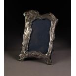 MODERN EMBOSSED SILVER FRONTED DESK TOP PHOTOGRAPH FRAME, with Art Nouveau female figure and plush