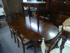 REGENCY STYLE MAHOGANY D END DOUBLE PEDESTAL DINING TABLE AND A SET OF THREE  DINING CHAIRS,