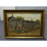 JOHN MINSHULL  OIL ON BOARD MAIN ST, CONGLETON WITH BLACK AND WHITE HALF-TIMBERED HOUSES AND