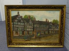 JOHN MINSHULL  OIL ON BOARD MAIN ST, CONGLETON WITH BLACK AND WHITE HALF-TIMBERED HOUSES AND