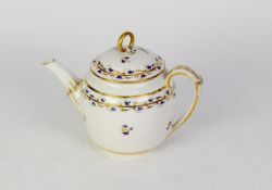 LATE 18th CENTURY DERBY PORCELAIN GLOBULAR TEAPOT AND LOW DOMED LID, with gilt ring finial,