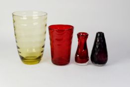 THREE PIECES OF WHITEFRIARS GLASS, comprising: RIBBED YELLOW VASE, 10 ¼? (26cm) high, RUBY SWAGGED