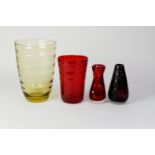 THREE PIECES OF WHITEFRIARS GLASS, comprising: RIBBED YELLOW VASE, 10 ¼? (26cm) high, RUBY SWAGGED