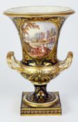 IMPRESSIVE NINETEENTH CENTURY HAND PAINTED DERBY PORCELAIN TWO HANDLED PEDESTAL VASE, of campana