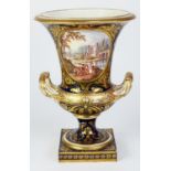 IMPRESSIVE NINETEENTH CENTURY HAND PAINTED DERBY PORCELAIN TWO HANDLED PEDESTAL VASE, of campana