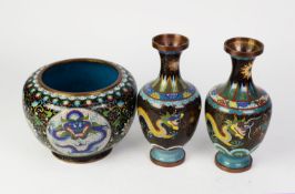 THREE MODERN PIECES OF ORIENTAL CLOISONNÉ, comprising: PAIR OF BALUSTER SHAPED VASES, decorated with