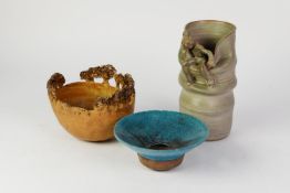 THREE PIECES OF MODERN STUDIO POTTERY, comprising: SMALL, BLUE GLAZED FLARED CIRCULAR ASHTRAY,