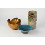 THREE PIECES OF MODERN STUDIO POTTERY, comprising: SMALL, BLUE GLAZED FLARED CIRCULAR ASHTRAY,