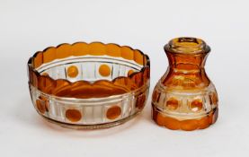 GOOD QUALITY MID TWENTIETH CENTURY AMBER STAINED AND CUT GLASS TWO PART PEDESTAL FRUIT BOWL, with