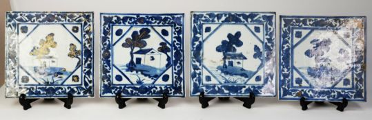 SET OF SIX CHINESE PORCELAIN NANKING EXPORT WARE SQUARE TILES, each painted in underglaze blue