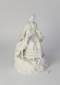 LARGE 19th CENTURY MINTON WHITE PARIAN FIGURE OF A LADY seated looking down to stroke the dog at her