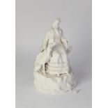 LARGE 19th CENTURY MINTON WHITE PARIAN FIGURE OF A LADY seated looking down to stroke the dog at her