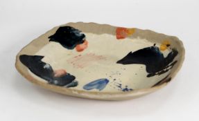 STUDIO POTTERY DISH BY SANDY BROWN, of shallow oblong form, the interior decorated in colours with a