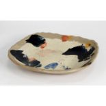 STUDIO POTTERY DISH BY SANDY BROWN, of shallow oblong form, the interior decorated in colours with a