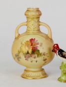 ROYAL WORCESTER PORCELAIN SMALL BLUSH IVORY TWO HANDLED VASE, the bulbous body painted with flowers,