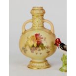 ROYAL WORCESTER PORCELAIN SMALL BLUSH IVORY TWO HANDLED VASE, the bulbous body painted with flowers,