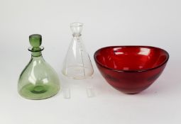 THREE PIECES OF WHITEFRIARS GLASS, comprising: M60, BELL SHAPED DECANTER AND STOPPER IN GREEN,