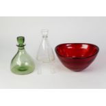 THREE PIECES OF WHITEFRIARS GLASS, comprising: M60, BELL SHAPED DECANTER AND STOPPER IN GREEN,