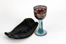 GEORGE ELLIOT STUDIO GLASS GOBLET, the ogee shape bowl with band of stylized fruits between