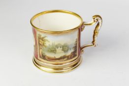 NINETEENTH CENTURY HAND PAINTED PORCELAIN LARGE MUG, of typical form with fancy scroll handle and