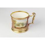 NINETEENTH CENTURY HAND PAINTED PORCELAIN LARGE MUG, of typical form with fancy scroll handle and