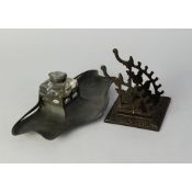 ORVIT ART NOUVEAU PEWTER INK STAND, the square glass inkwell with leaf embossed and domed cover