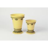 GRADUATED PAIR OF NINETEENTH CENTURY WEDGWOOD YELLOW JASPERWARE VASES, each of tapering form with