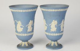 PAIR OF WEDGWOOD PALE BLUE JASPERWARE POTTERY PEDESTAL VASES, each of slightly flared for with