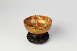 GOOD JAPANESE SATSUMA POTTERY SMALL BOWL, of steep sided form with petal shaped edge, profusely