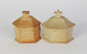 BRAMPTON, DERBYSHIRE, LIGHT BROWN SALT GLAZED STONEWARE HEXAGONAL COTTAGE FORM TOBACCO JAR AND COVER