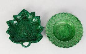 BRAMELD, ROCKINGHAM WORKS, YORKSHIRE, GREEN GLAZE BASKET MOULDED CIRCULAR DISH, the broad flat