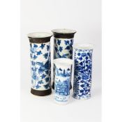 PAIR OF CHINESE LATE QING DYNASTY CRACKLED GLAZE CYLINDRICAL PORCELAIN BLUE AND WHITE VASES, with