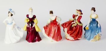 FIVE ROYAL DOULTON CHINA CRINOLINE FIGURES, comprising: TOP O? THE HILL, HN1834, FAIR LADY (RED),